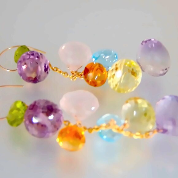 14K Gold Multi Gemstone Amethyst Kisses Briolette Chandelier Earrings - Picture 7 of 8